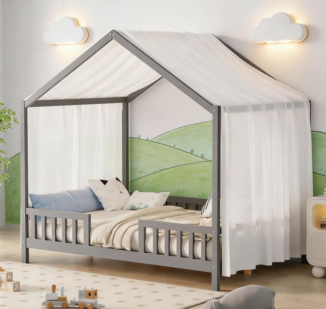 Bellemave Full House BedFrame with Canopy, Montessori Floor Bed, House Bed with Rails for Kids, Gray