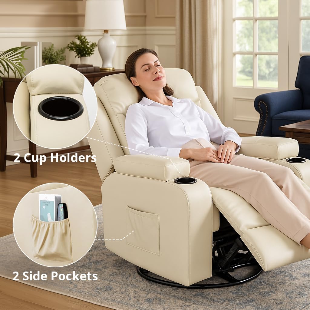 COMHOMA Recliner Chair,PU Rocking Chair for Adults,Swivel Recliner with Cup Holders,Single Sofa Seat with Side Pockets for Living Room,Bedroom(White)