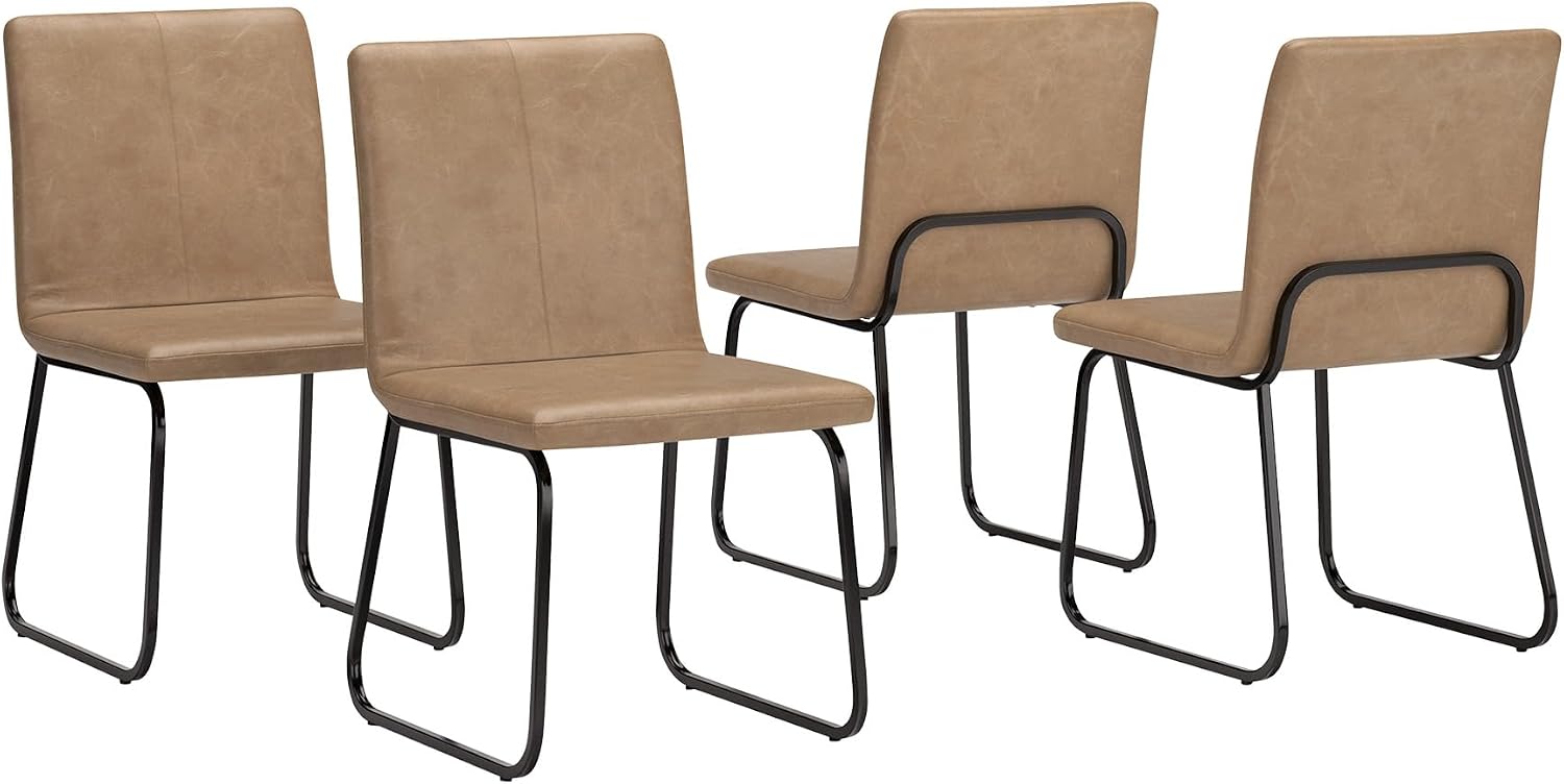 Signature Design by Ashley Pharwynn Casual Indoor Faux Leather Upholstered Armless Dining Chair with Sled Base, Set of 4, Light Brown & Black