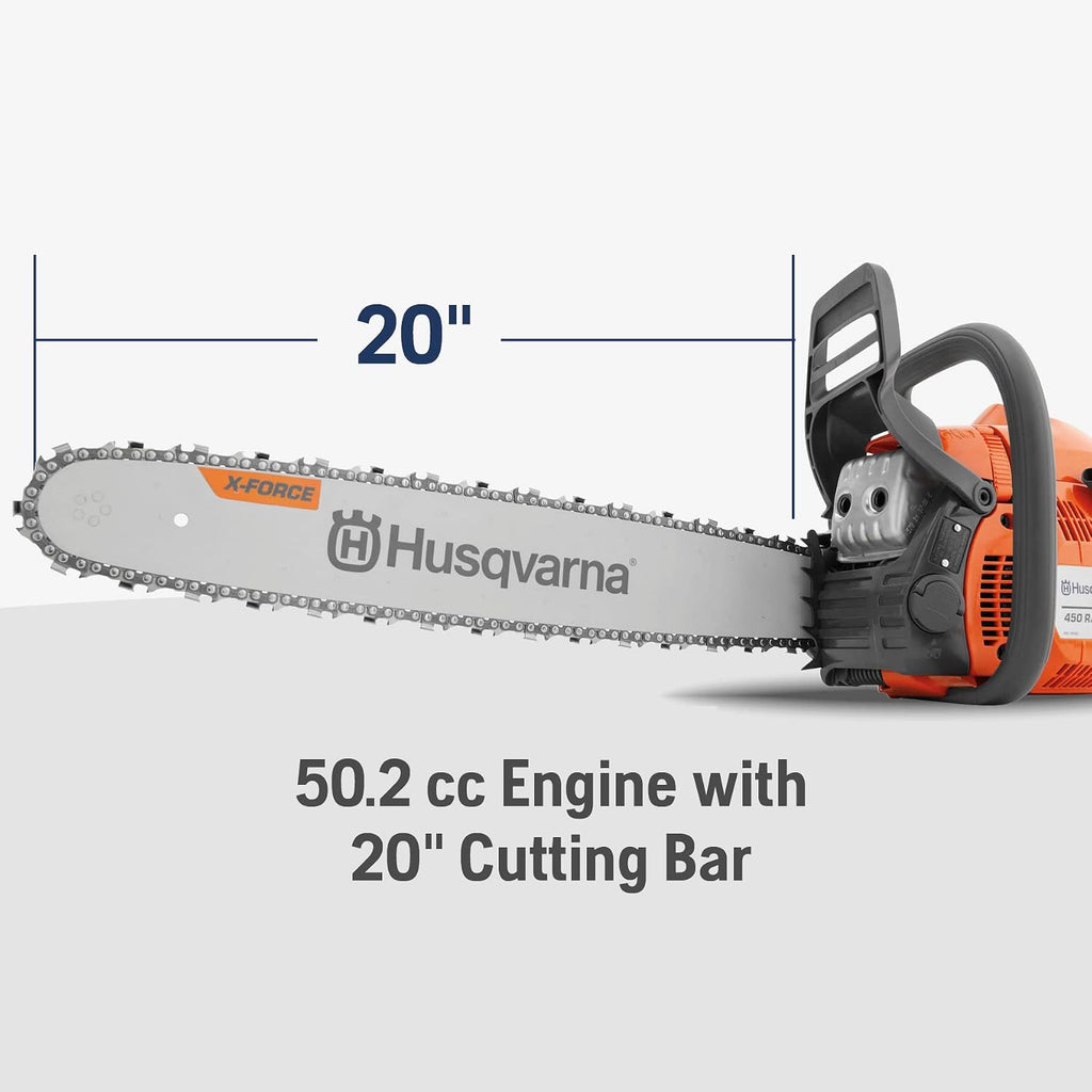 Husqvarna 450 Rancher 20 Inch Gas Chainsaw, 50.2-cc 3.2-HP, 2-Cycle X-Torq Engine, For Tree Pruning, Yard Cleanups and Firewood Cutting, 970613120