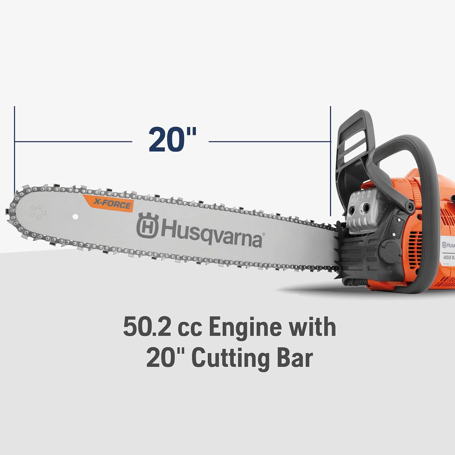 Husqvarna 450 Rancher 20 Inch Gas Chainsaw, 50.2-cc 3.2-HP, 2-Cycle X-Torq Engine, For Tree Pruning, Yard Cleanups and Firewood Cutting, 970613120