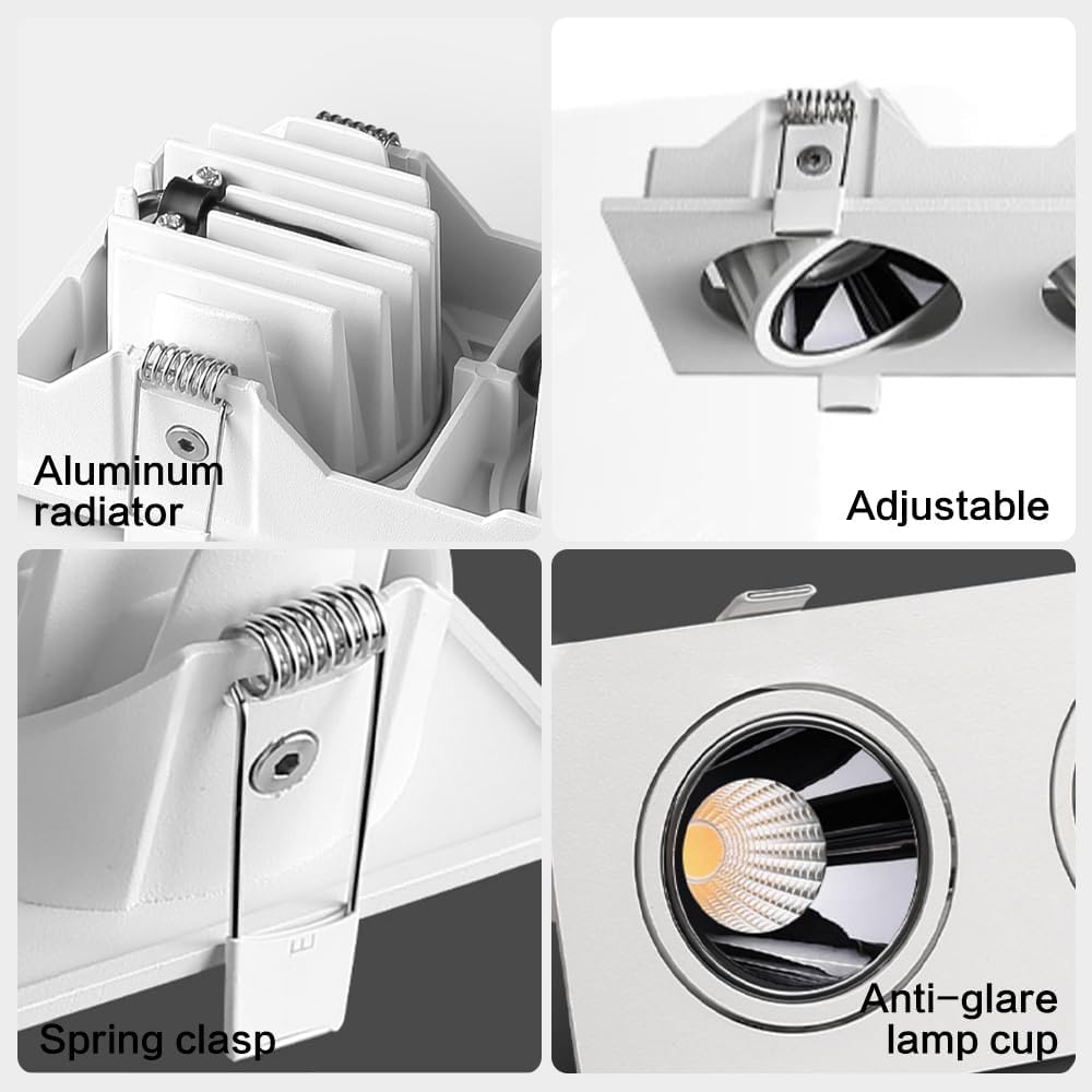 3-Light LED Ceiling Spotlights - Indoor Flush Mount Downlight - Rectangular Aluminum Lamp for Living Room & Bedroom