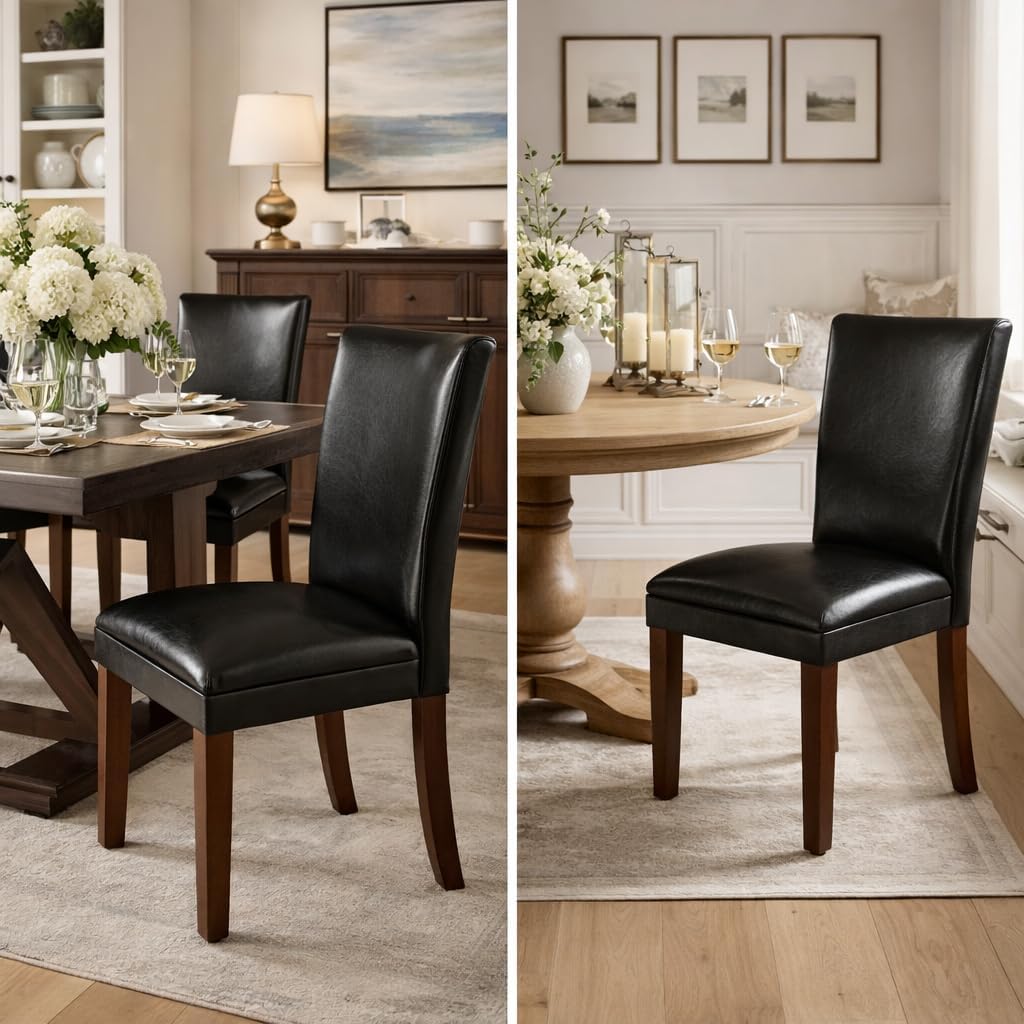 HomePop Parsons Upholstered Accent Dining Chair, Set of 2, Black Faux Leather
