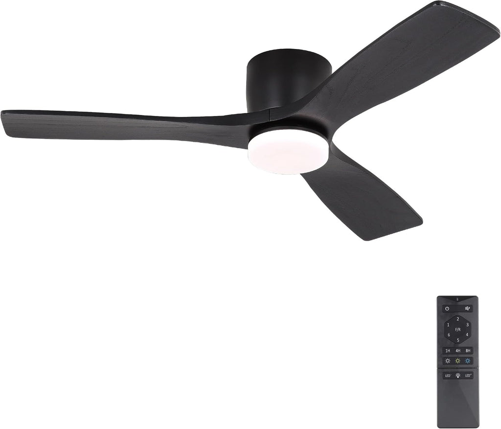 WINGBO 48 Inch Flush Mount DC Ceiling Fan, 3CCT Dimmable Light, 3 Carved Wood Blades, 6-Speed Noiseless Reversible DC Motor, Hugger Low Profile Fan, Matte Black Finish with Black Blades, ETL Listed