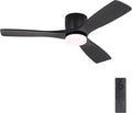 WINGBO 48 Inch Flush Mount DC Ceiling Fan, 3CCT Dimmable Light, 3 Carved Wood Blades, 6-Speed Noiseless Reversible DC Motor, Hugger Low Profile Fan, Matte Black Finish with Black Blades, ETL Listed