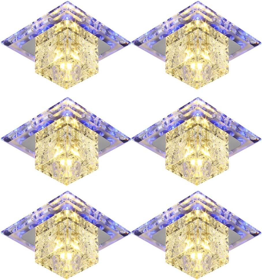6 Piece Modern Crystal LED Downlights - Square Ceiling Spotlights for Indoor Bedroom Home Lighting - Warm White 5W/3W