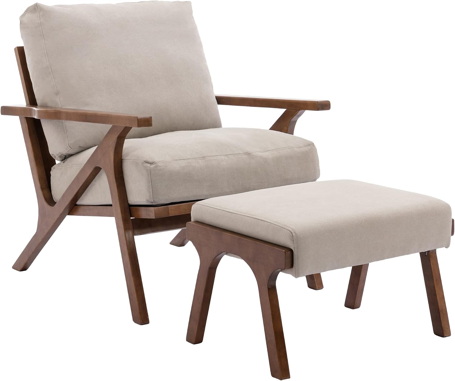 chairus Mid-Century Modern Accent Chair with Ottoman, Comfy Upholstered Lounge Armchair with Removable Cushions & Solid Wood Frame, Reading Chair for Living Room Bedroom Office, Beige Denim Fabric