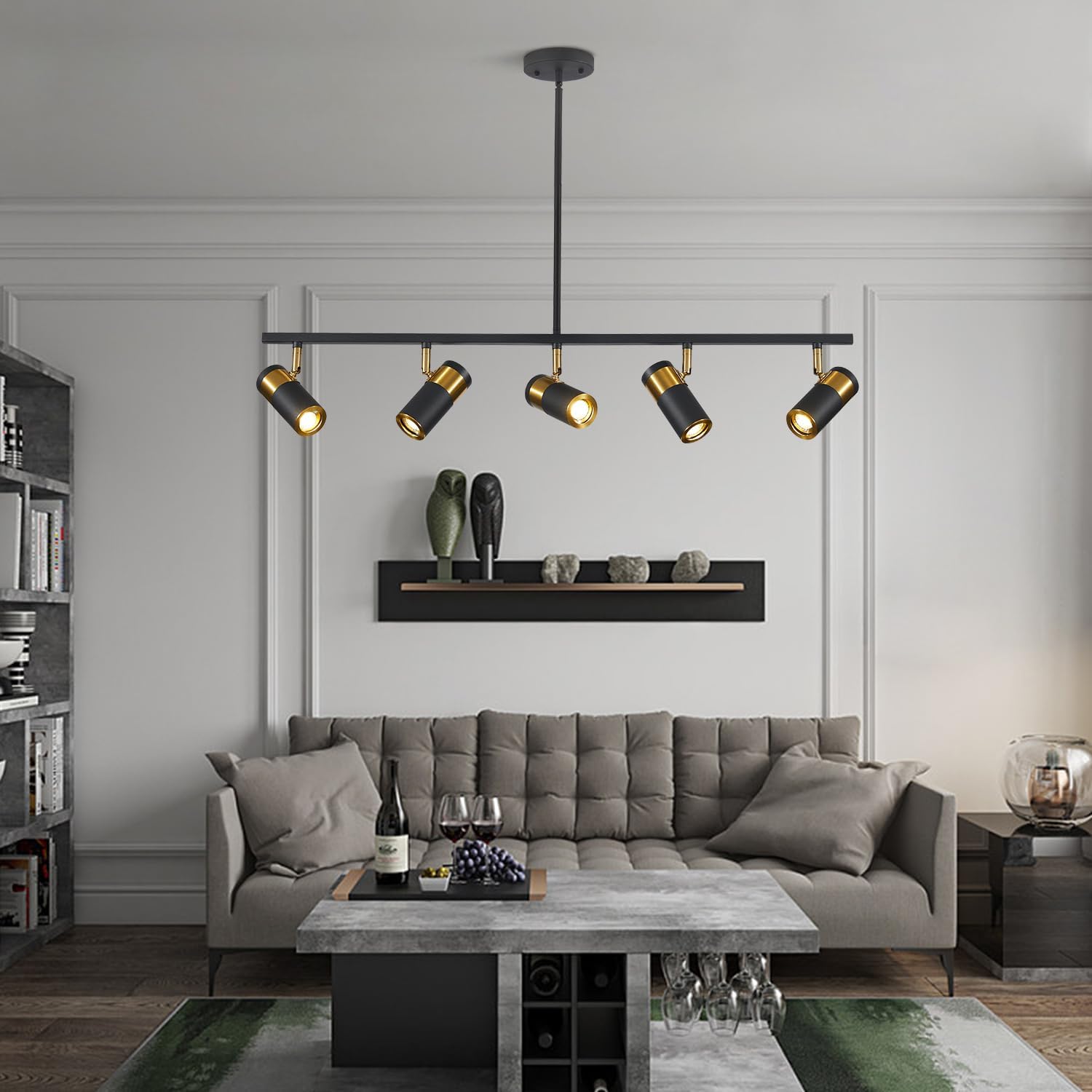 5 Light Modern Track Light Chandelier Industrial LED Hanging Track Lighting Kit Farmhouse Black and Gold Kitchen Track Lighting Fixtures Adjustable Ceiling Mount Linear Spotlights MCL05-5P BK