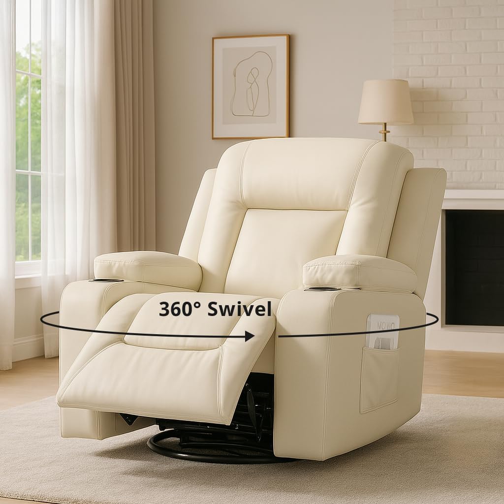 COMHOMA Recliner Chair,PU Rocking Chair for Adults,Swivel Recliner with Cup Holders,Single Sofa Seat with Side Pockets for Living Room,Bedroom(White)