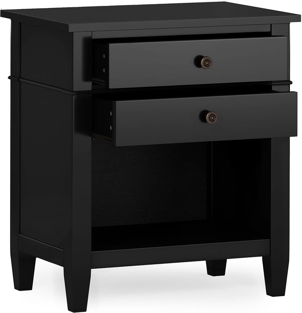 SIMPLIHOME Carlton Bedside Table - 24 inch Wide Solid Wood Nightstand Table in Black, Contemporary Bedroom Side or End Table with 2 Drawers, Open Storage Shelf and Bronze Hardware