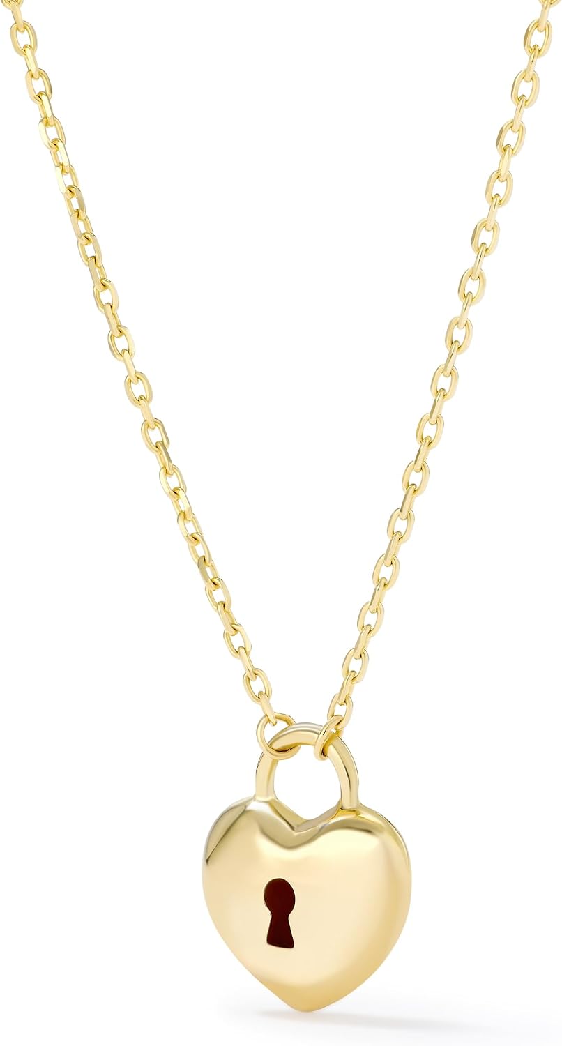 Amanda Rose Collection 10K or 14K Yellow Gold High Polish Padlock Heart Charm Pendant Necklace for Women, Adjustable 15–17 Inch Cable Chain