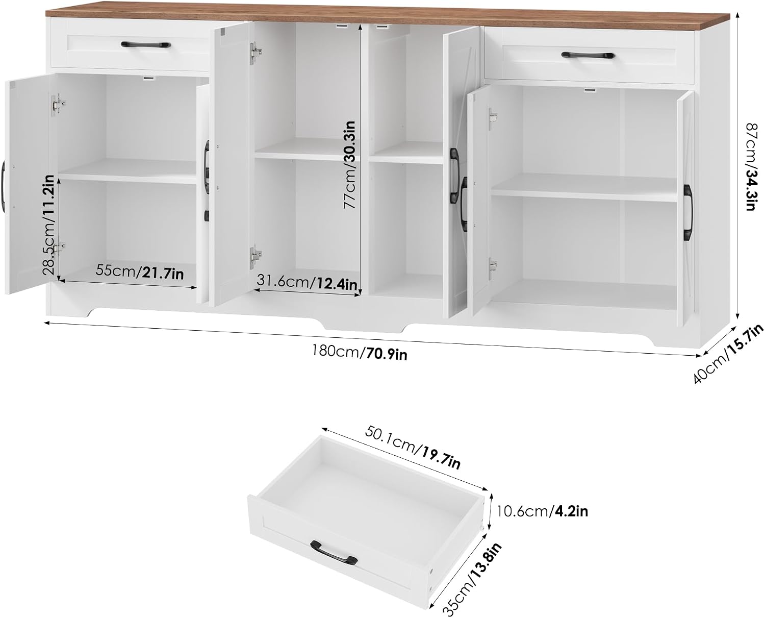 BOTLOG 71' Large Sideboard Buffet Cabinet with Storage, Farmhouse Kitchen Buffet Cabinet with Adjustable Shelves and 6 Barn Doors, Wood Coffee Wine Bar Console Table for Kitchen, Dining Room, White