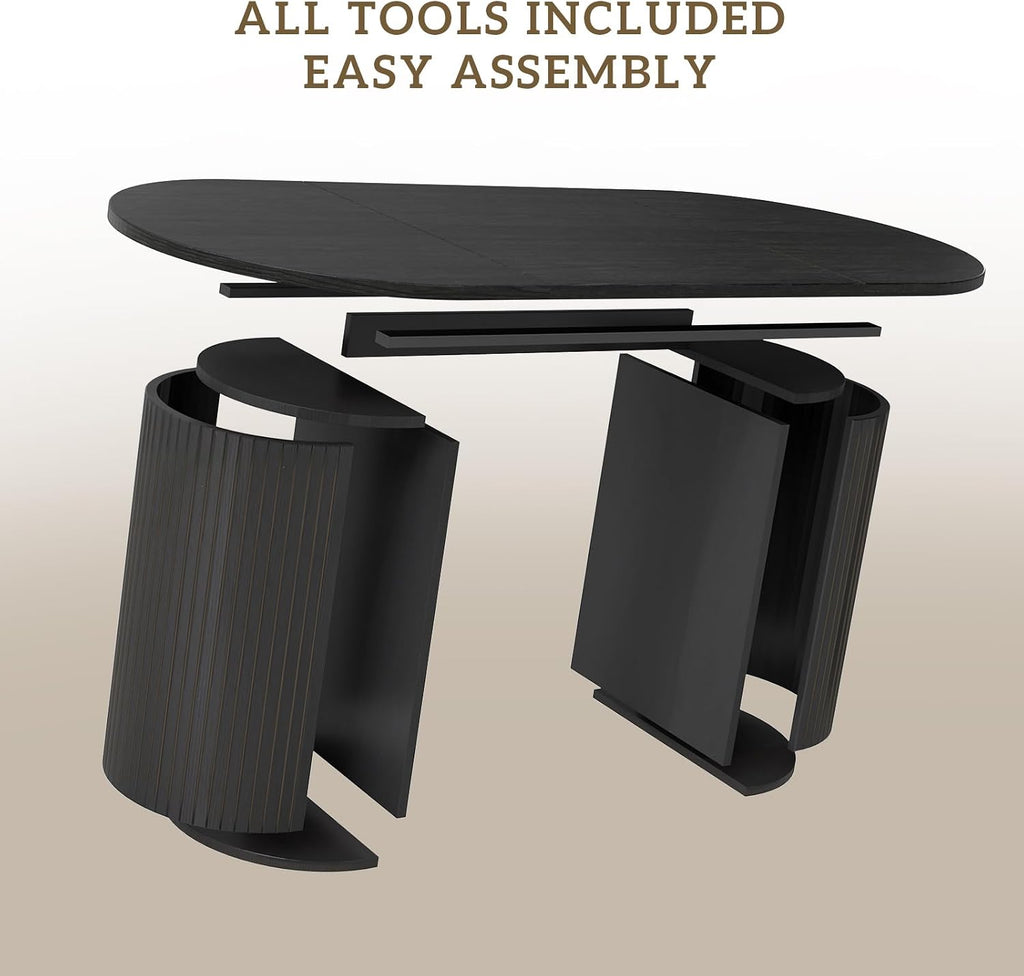 70.8' Oval Dining Table for 4-6 Persons, Fluted Pedestal Base Mid Century Wood Veneer Kitchen Table with Curved Edges for Dining Room, Apartment, Small Spaces, Black