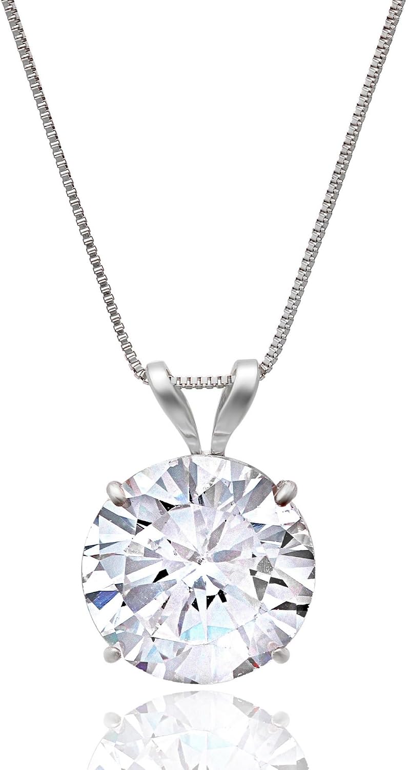 MAX + STONE 14k Gold 8mm Round Solitaire Cubic Zirconia Pendant Necklace for Women with 18 Inch Box Chain