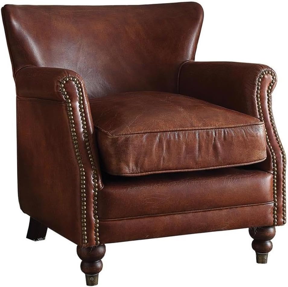 Acme Leeds Top Grain Leather Upholstery Accent Chair in Vintage Dark Brown