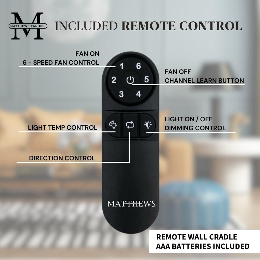 Matthews IR5HLK-BK-WA-42 Irene Damp Rated 42' Flush Mount Ceiling Fan with Light and Remote & Wall Control, Silent DC Motor, 5 Solid Wood Blades, Matte Black with Walnut Tone