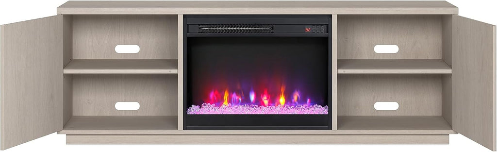 Henn&Hart Fluted TV Stand for TVs up to 75' with 26' Electric Crystal Rocks Fireplace and Ribbed Side Storage Cabinets for Living Room, Family Room, or Office, Beech White