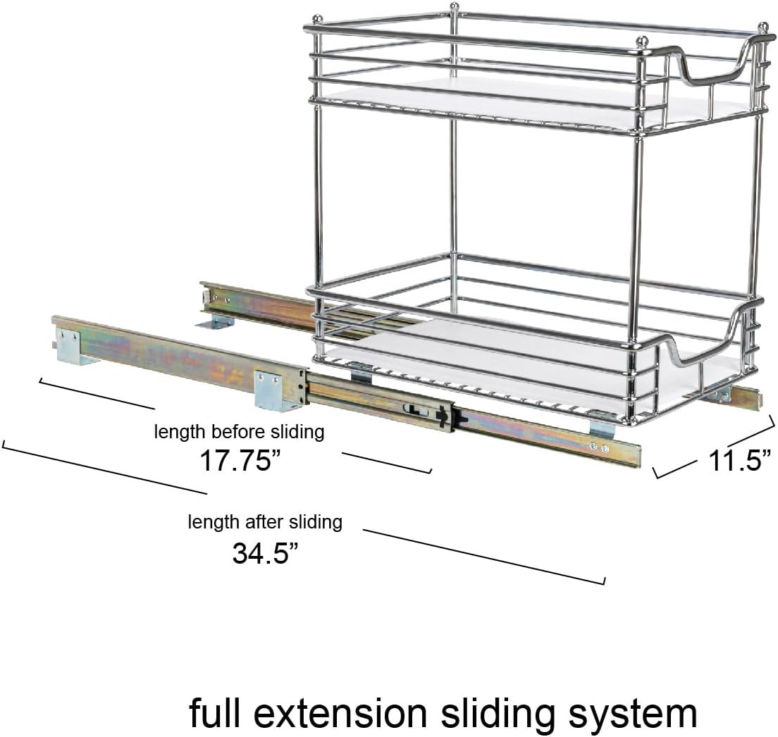 Household Essentials Glidez 2‑Tier Multipurpose Large Chrome‑Plated Steel Pull‑Out/Slide‑Out Under Cabinet Organizer with Plastic Liner, Chrome Finish