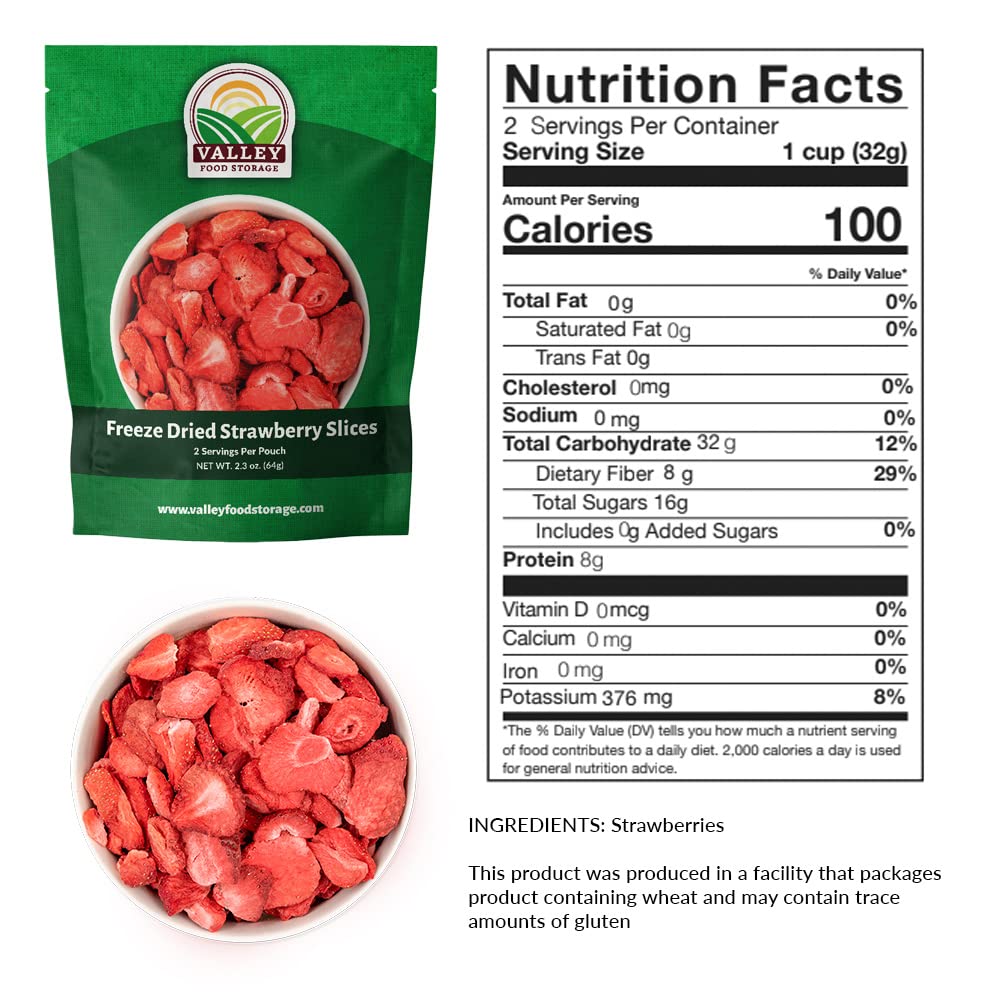 Valley Food Storage Freeze Dried Strawberries | Emergency Food Supply, 25 Year Shelf Life | Survival Food, Camping Snacks & Long Term Prepper Storage | Real Fruit, Packaged in USA (10 Bags + Bucket)