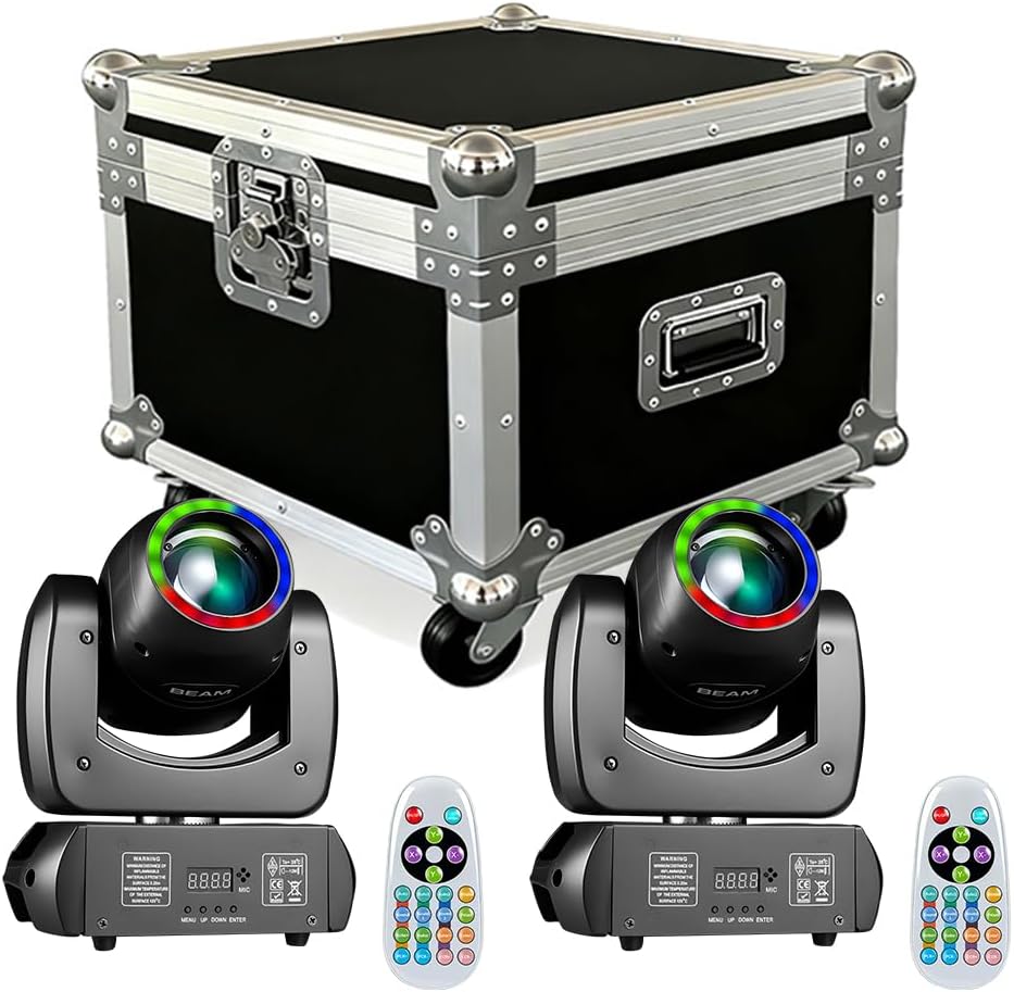 MINGJIE Moving Head Light, 120W Professional DJ Lights, Led Stage Light, Beam Spotlight with 8 Gobos & 8 Colors,DMX512,Sound-Activated, Remote Control for Club,Disco,Party (1 Flight case + 2 Lights)