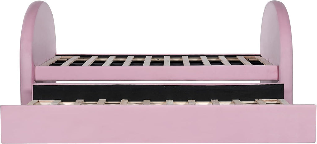 Christopher Knight Home Leonhart Velvet Upholstered Twin Size Bed Frames with Headboard/Footboard, Day Bed Frame Twin with Pull-Out Functionality, Iron Frame + Wooden Slat Trundle Bed Twin, Pink