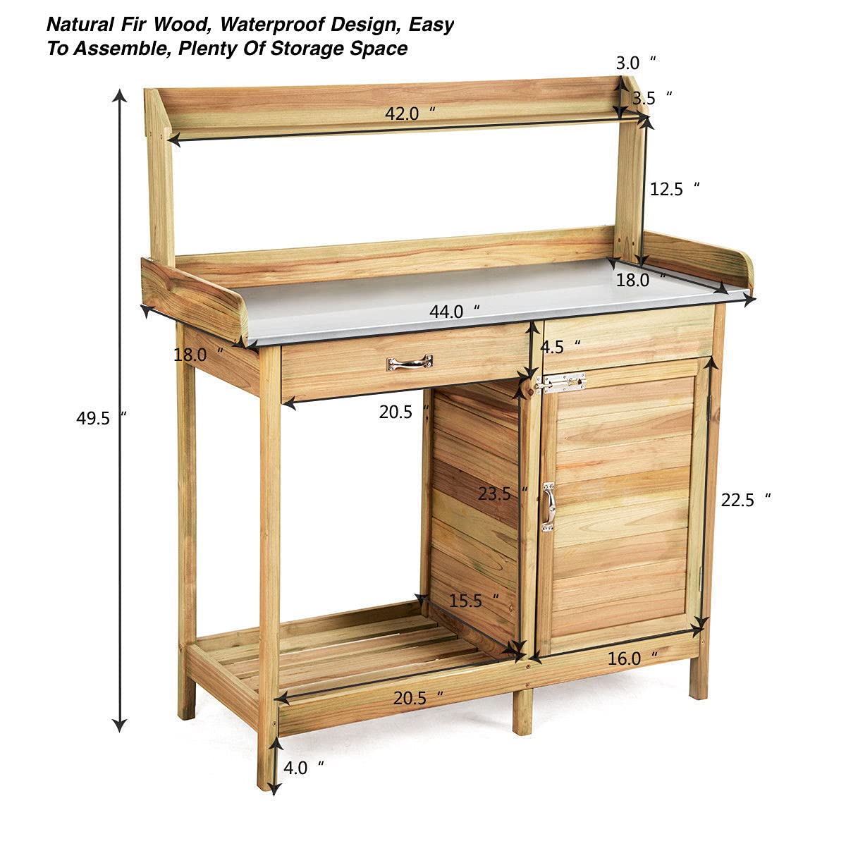 Natural Wooden Outdoor Planting Cabinet Garden Potting Bench Workbench Table Storage Cabinet Compartment Drawer Open Shelf 3 Side Hooks Metal Spacious Tabletop Gardening Supplies Tools Storage