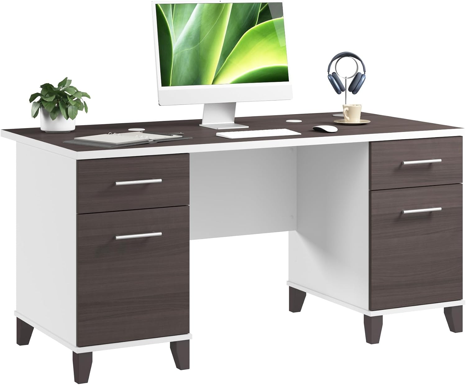 Bush Home 60-Inch Office Desk with Drawers, Computer Desk with File and Box Drawers, Home Office Workstation with Storage Cabinet, Writing Desk Furniture, Somerset Collection, Storm Gray and White