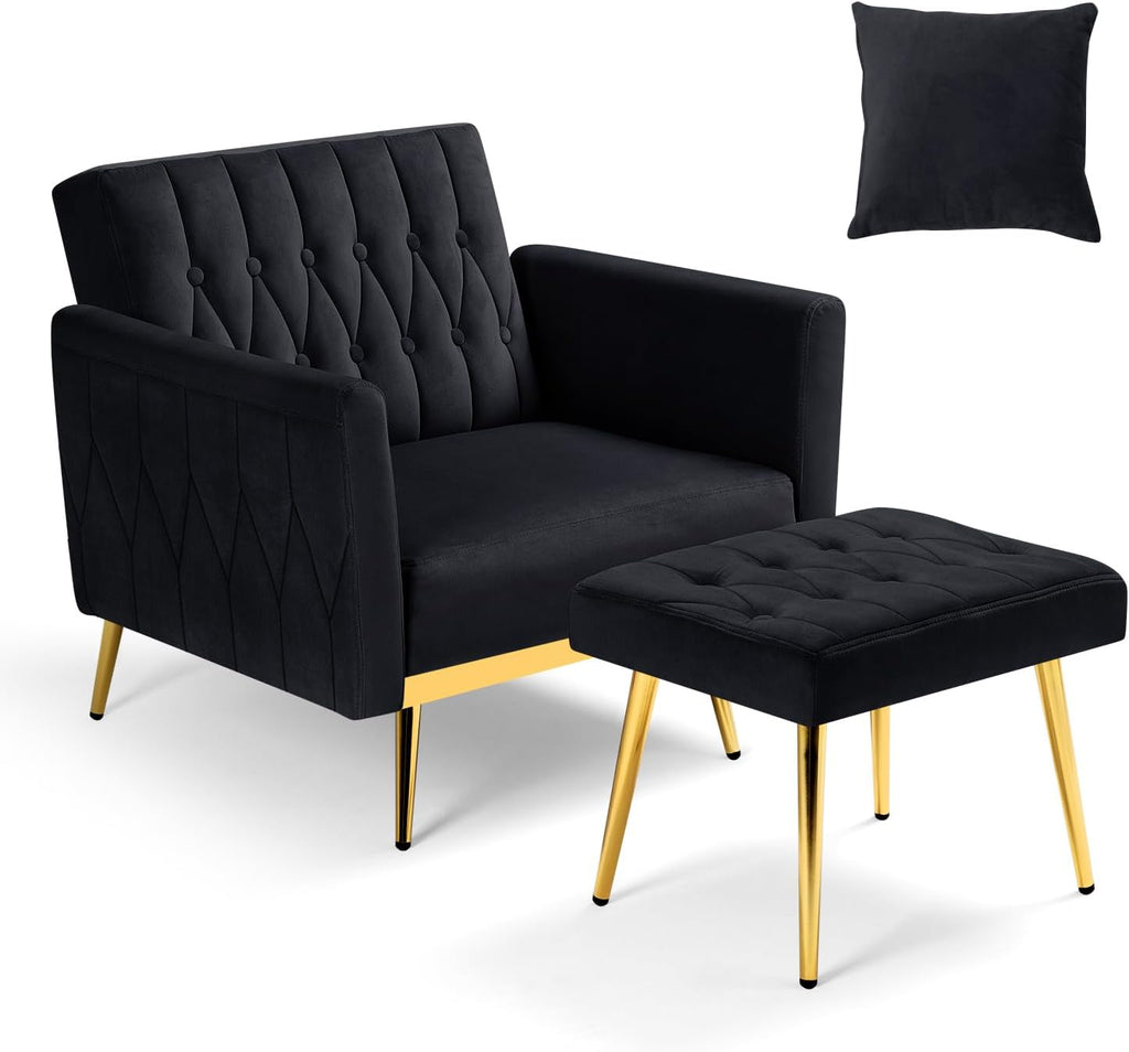 Velvet Accent Chair with Adjustable Armrests and Backrest, Button Tufted Lounge Chair, Single Recliner Armchair with Ottoman and Pillow for Living Room, Bedroom, Black