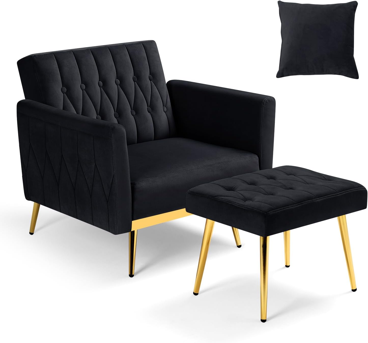 Velvet Accent Chair with Adjustable Armrests and Backrest, Button Tufted Lounge Chair, Single Recliner Armchair with Ottoman and Pillow for Living Room, Bedroom, Black
