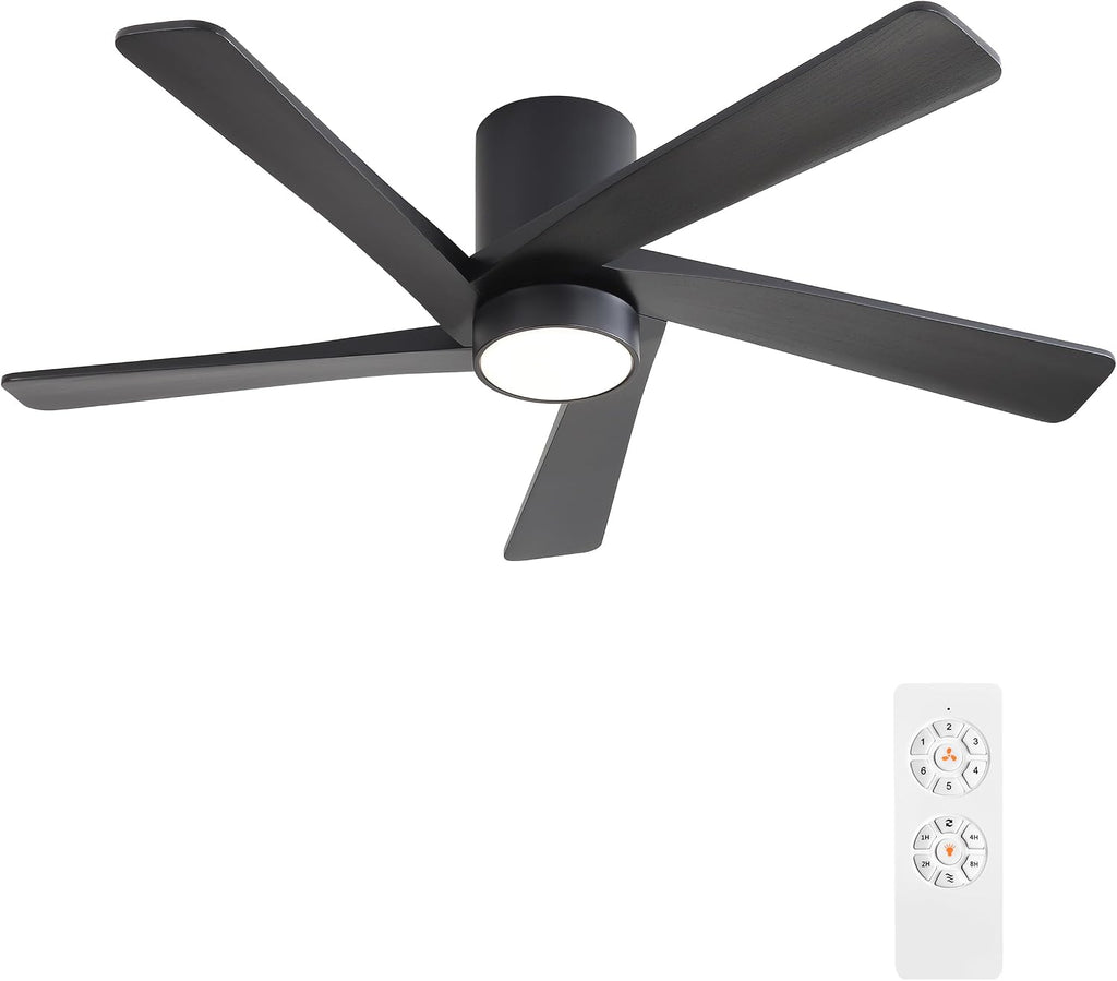 WINGBO 48 Inch Flush Mount DC Ceiling Fan with Lights and Remote, 5 Reversible Carved Wood Blades, 6-Speed Noiseless DC Motor, Hugger Ceiling Fan in Black Finish, Low Profile Ceiling Fans, ETL Listed