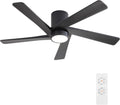 WINGBO 48 Inch Flush Mount DC Ceiling Fan with Lights and Remote, 5 Reversible Carved Wood Blades, 6-Speed Noiseless DC Motor, Hugger Ceiling Fan in Black Finish, Low Profile Ceiling Fans, ETL Listed