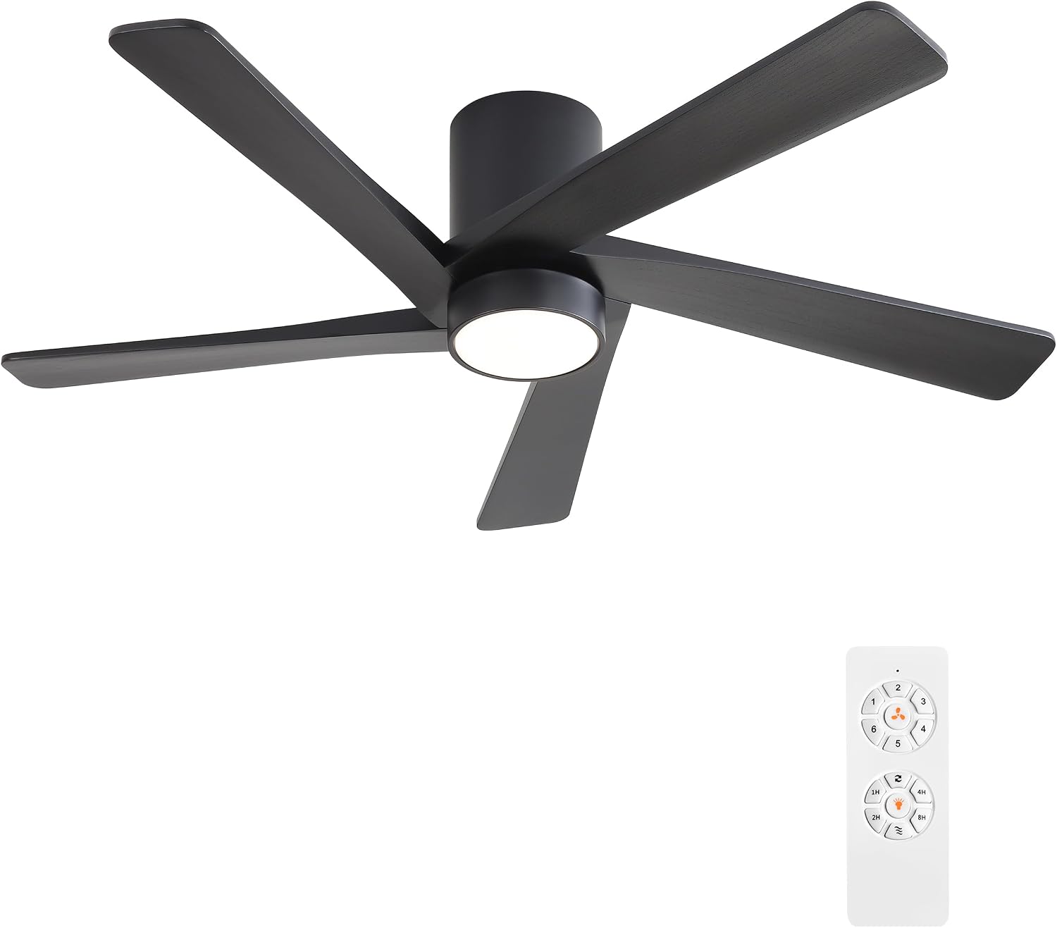 WINGBO 48 Inch Flush Mount DC Ceiling Fan with Lights and Remote, 5 Reversible Carved Wood Blades, 6-Speed Noiseless DC Motor, Hugger Ceiling Fan in Black Finish, Low Profile Ceiling Fans, ETL Listed