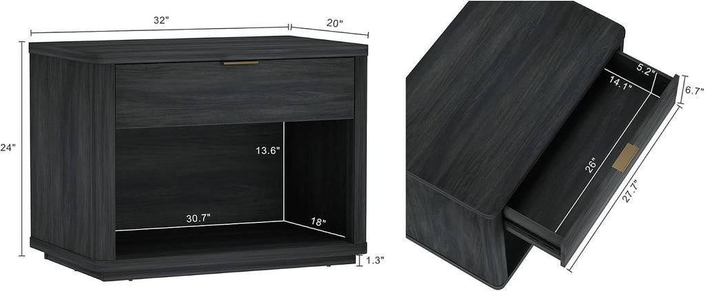 Manhattan Comfort Evelyn Set of 2 Nightstands with Drawer and Open Shelf, Minimalist Bedside Table with Rounded Corners & Raised Base, Modern Night Stand for Bedroom, or Living Room in Charcoal Grey