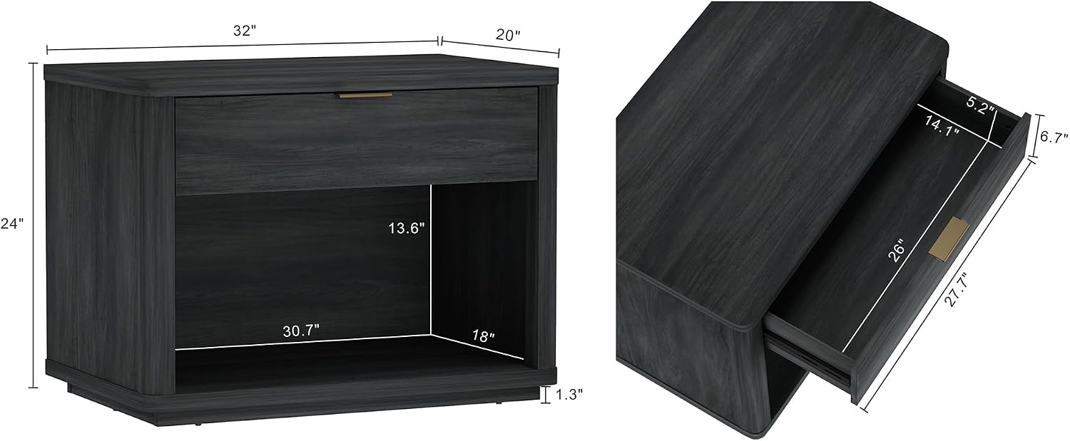 Manhattan Comfort Evelyn Set of 2 Nightstands with Drawer and Open Shelf, Minimalist Bedside Table with Rounded Corners & Raised Base, Modern Night Stand for Bedroom, or Living Room in Charcoal Grey