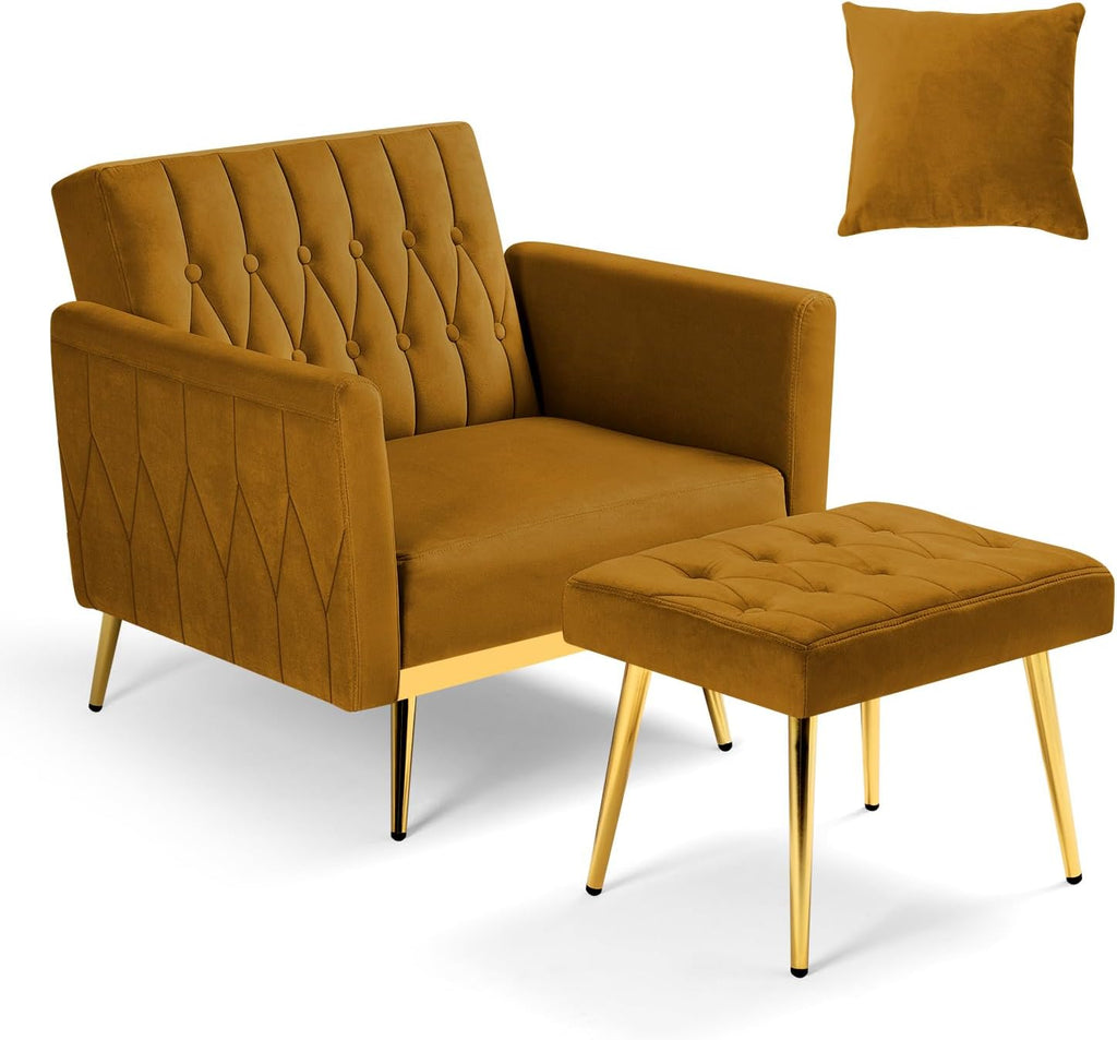 Velvet Accent Chair with Adjustable Armrests and Backrest, Button Tufted Lounge Chair, Single Recliner Armchair with Ottoman and Pillow for Living Room, Bedroom, Ginger