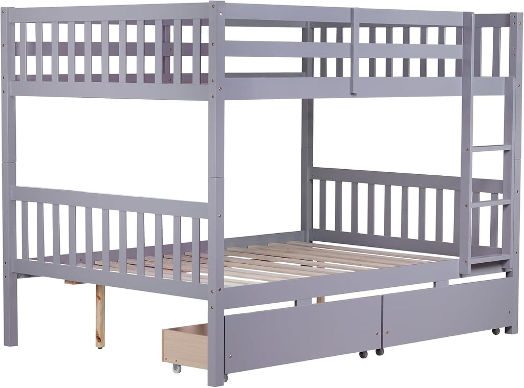 PVWIIK Full Over Full Wood Bunk Bed with 2 Drawers & Ladder for Adult Teenagers Kids Bedroom Dorm Guest Room,Convertible into 2 Full Beds Frame/Under Bed Space/No Box Spring Required,Grey