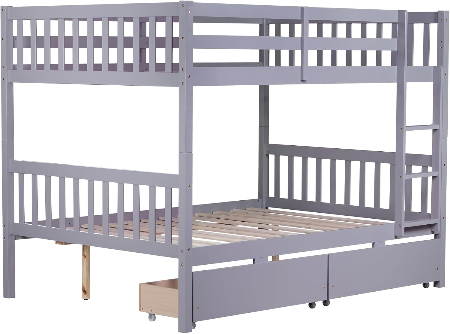 PVWIIK Full Over Full Wood Bunk Bed with 2 Drawers & Ladder for Adult Teenagers Kids Bedroom Dorm Guest Room,Convertible into 2 Full Beds Frame/Under Bed Space/No Box Spring Required,Grey