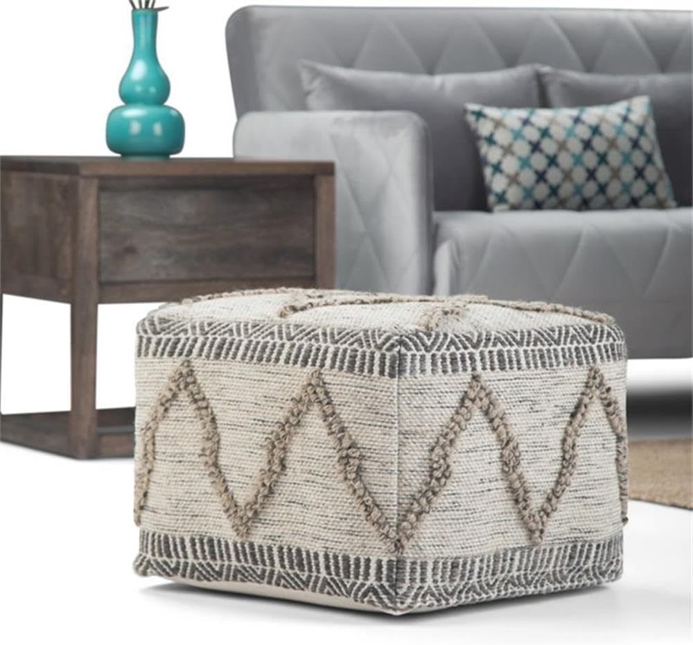 SIMPLIHOME Sweeney Square Pouf - 18 inch Wide Upholstered Wool and Cotton Handloom Woven Ottoman in Grey and Natural, Boho-Style Footstool, Extra Seating or Accent Piece for Living Room, Assembled