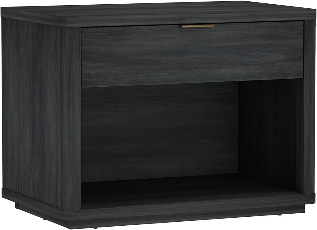 Manhattan Comfort Evelyn Set of 2 Nightstands with Drawer and Open Shelf, Minimalist Bedside Table with Rounded Corners & Raised Base, Modern Night Stand for Bedroom, or Living Room in Charcoal Grey