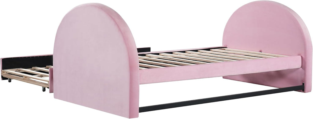 Christopher Knight Home Leonhart Velvet Upholstered Twin Size Bed Frames with Headboard/Footboard, Day Bed Frame Twin with Pull-Out Functionality, Iron Frame + Wooden Slat Trundle Bed Twin, Pink