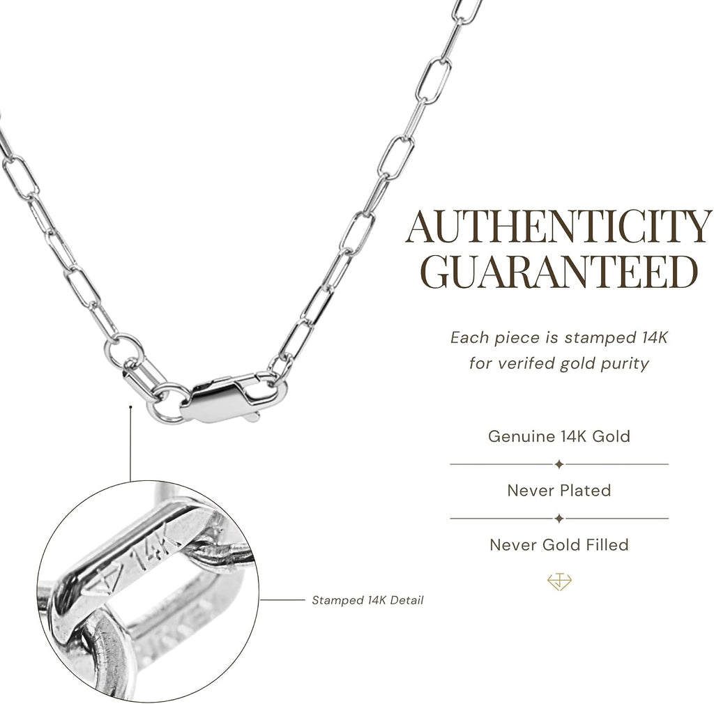 JEWELHEART 14K Solid Gold Cable Chain for Women, 1.7mm Diamond Cut Paperclip Link, Yellow or White Gold Pendant Necklace, Lobster Clasp, 14' up to 24'