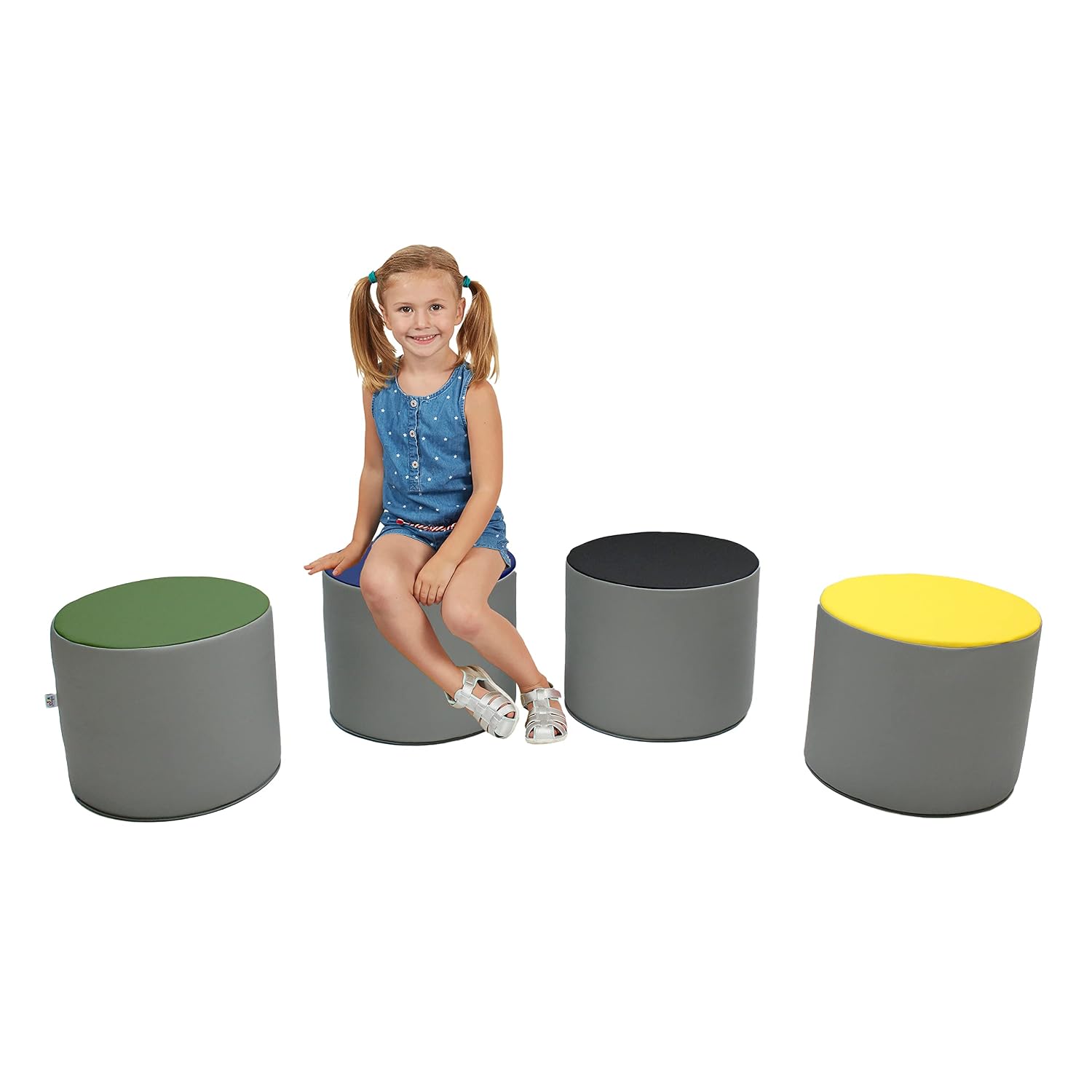 FDP SoftScape 15 inch Round Two-Tone Accent Ottoman for Ages 3-7 Modern Children's Furniture, Flexible, Lightweight Foam Seating for Home, Playroom, Classroom, Library (4-Piece) - Gray, 12763-GY