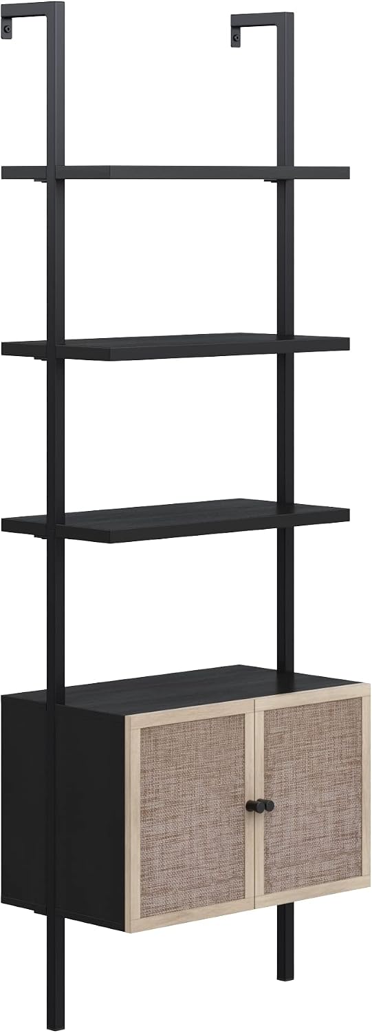 Nathan James Theo Modern Bookcase with Rattan Cabinet in Matte Black and Light Oak Finish with Matte Black Metal Frame for Living Room, Home Office Storage