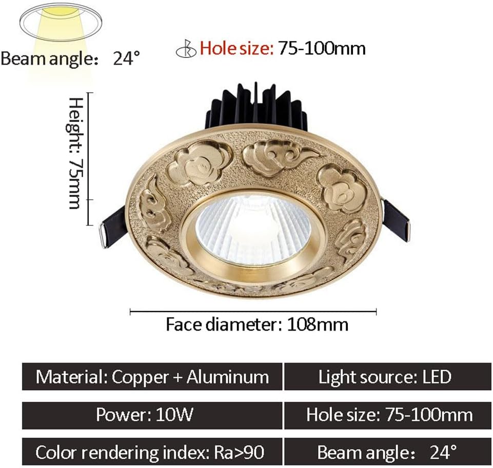 10W LED Ceiling Spotlight, Indoor LED Recessed Downlight, Modern Ceiling Lights with Brushed Brass Engraved Finish for Hallway Corridor Gallery Kitchen Living Room Bedroom