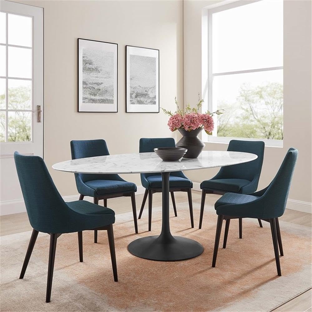 Modway Lippa 78' Oval-Shaped Mid-Century Modern Dining Table with Artificial Marble Top and Black Base