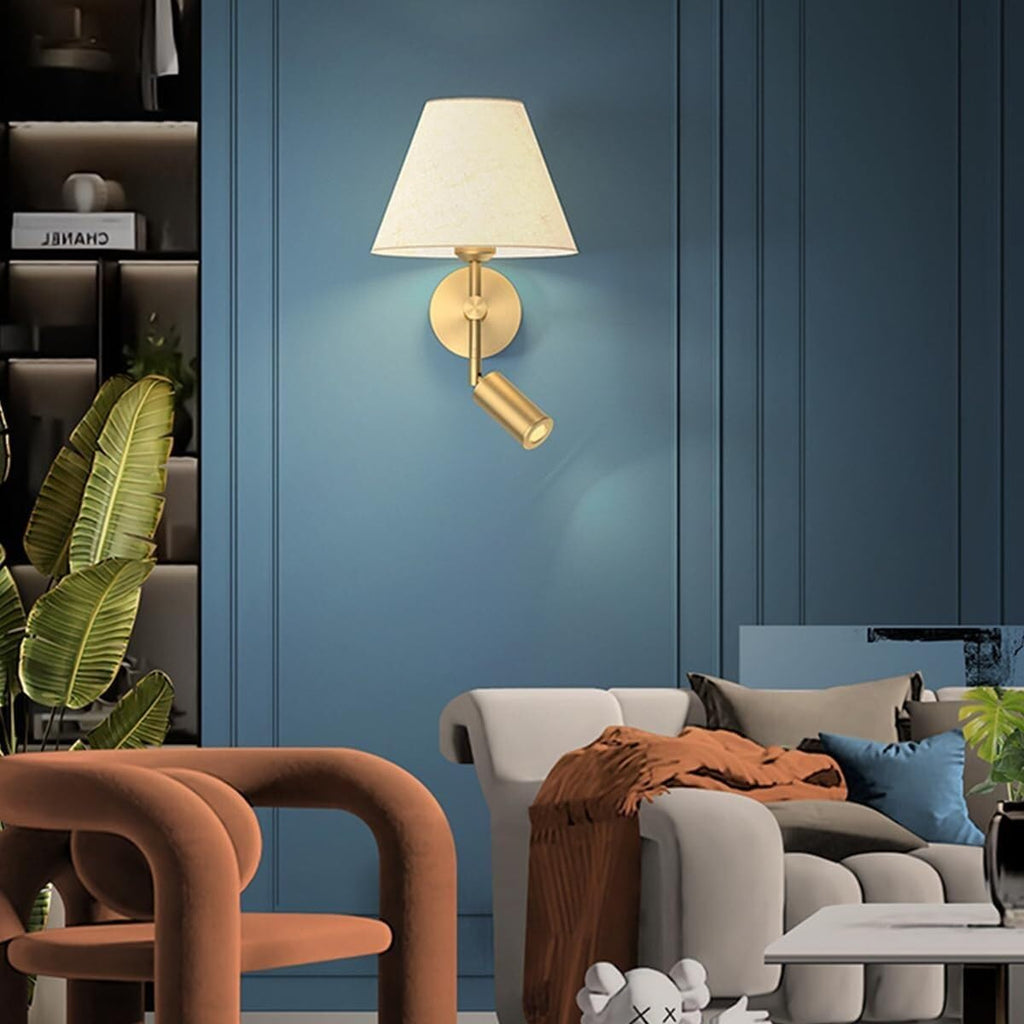 White Fabric Wall Light All Copper Wall Lamps Bedside Reading Lamp Wall Sconce with Spotlight Indoor Wall Mounted Light E27 Base Wall Lighting for Living Room Restaurant Loft Kitchen Oldsix-66