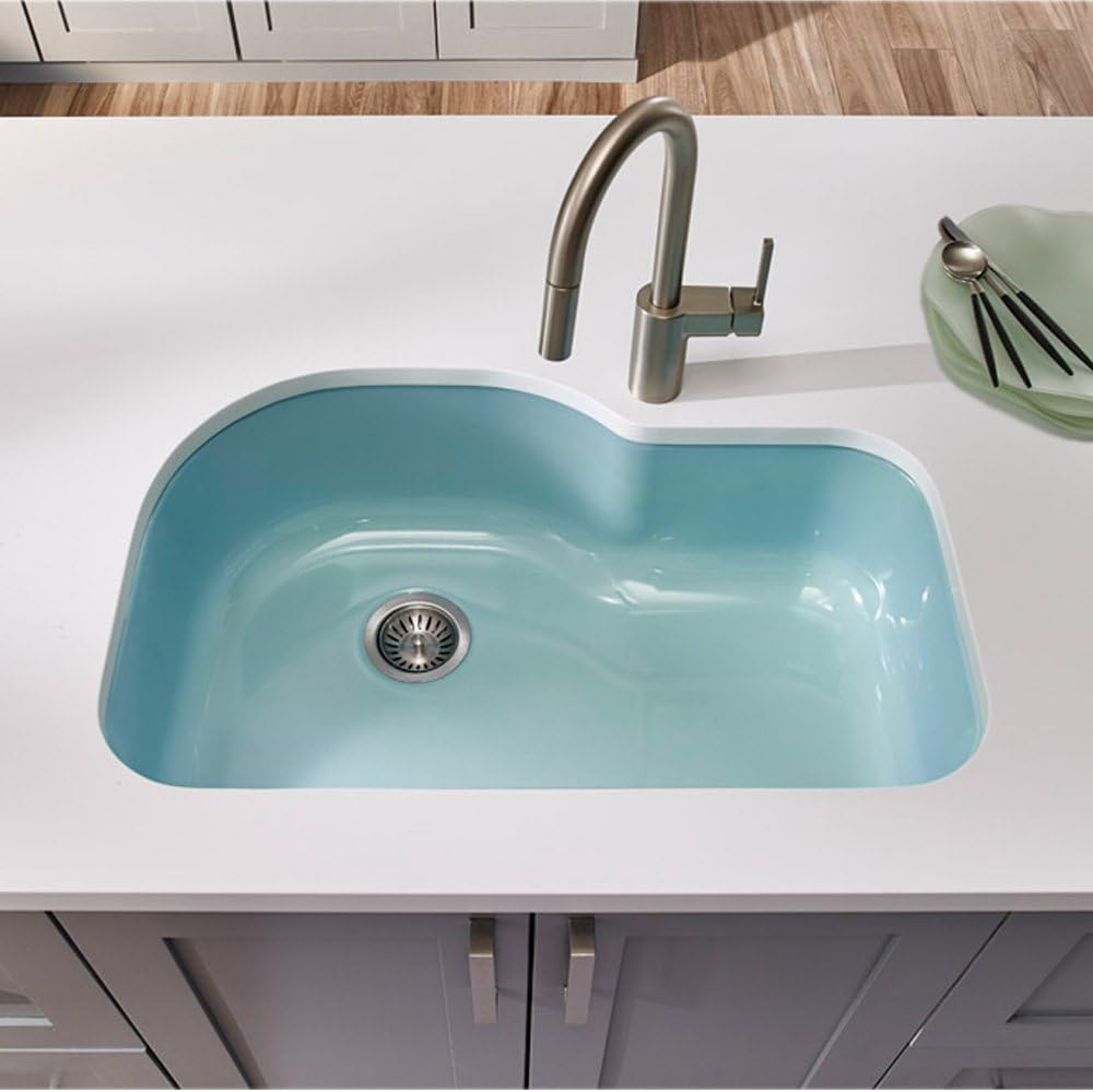 Houzer PCH-3700 MT Porcela 31 Inch Enamel Steel Kitchen Sink, Undermount, Single Bowl Offset, Cabinet Compatibility, Non Porous Surface Impervious to Cracks and Chips, Mint