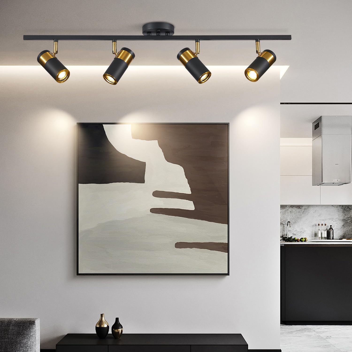 Matte Black Track Lighting Kit Mid Century Vintage Adjustable Kitchen Track Lighting Fixtures Modern Indoor Ceiling Mount Linear Spotlight Fixture Flexibly Rotatable Light Head GU10 MCL05-4 BK
