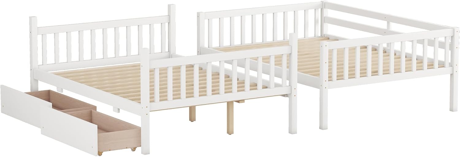 PVWIIK Full Over Full Wood Bunk Bed with 2 Drawers & Ladder for Adult Teenagers Kids Bedroom Dorm Guest Room,Convertible into 2 Full Beds Frame/Under Bed Space/No Box Spring Required,White