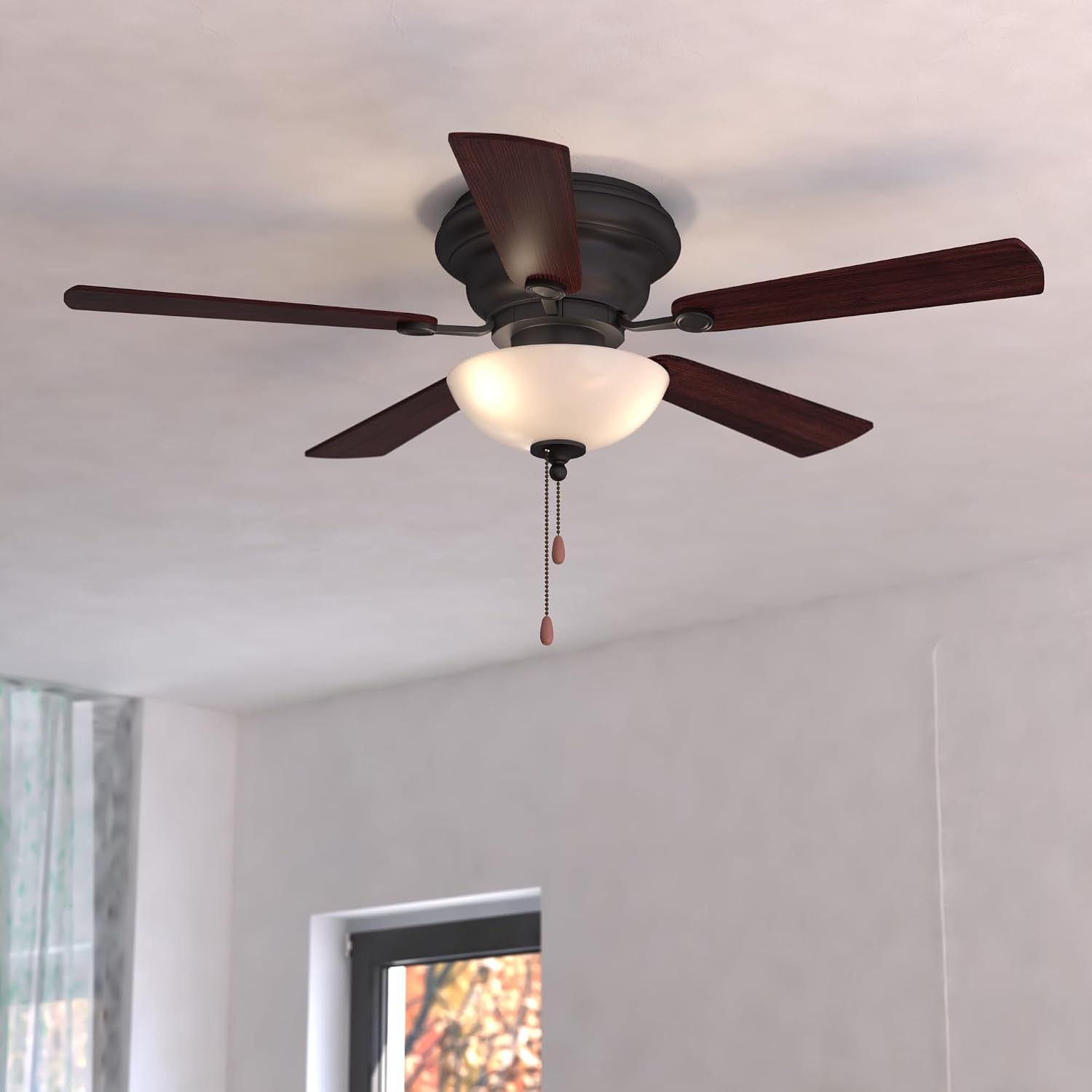 VAXCEL Expo 42 in. Noble Bronze Indoor Low Profile Flush Mount Traditional Ceiling Fan with Reversible Dark Bronze-Driftwood Blades, LED Light Kit and Pull Chain, 3 Speeds, Etched White Glass Shade
